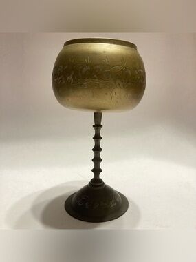 Vintage 7” Brass Etched Floral Goblet Drinking Cup Candle Holder Made In India